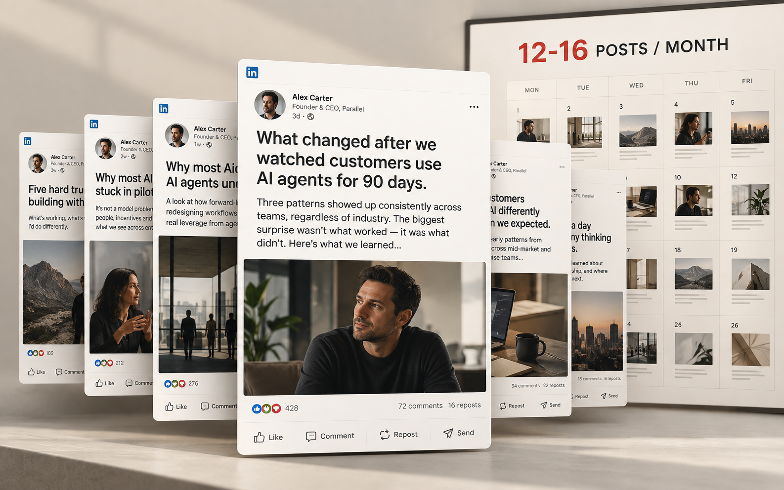 Illustration of varied founder posts in front of a monthly publishing calendar