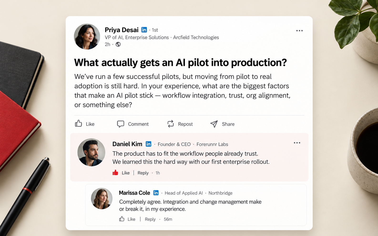Illustration of an enterprise AI discussion with a strategic founder response