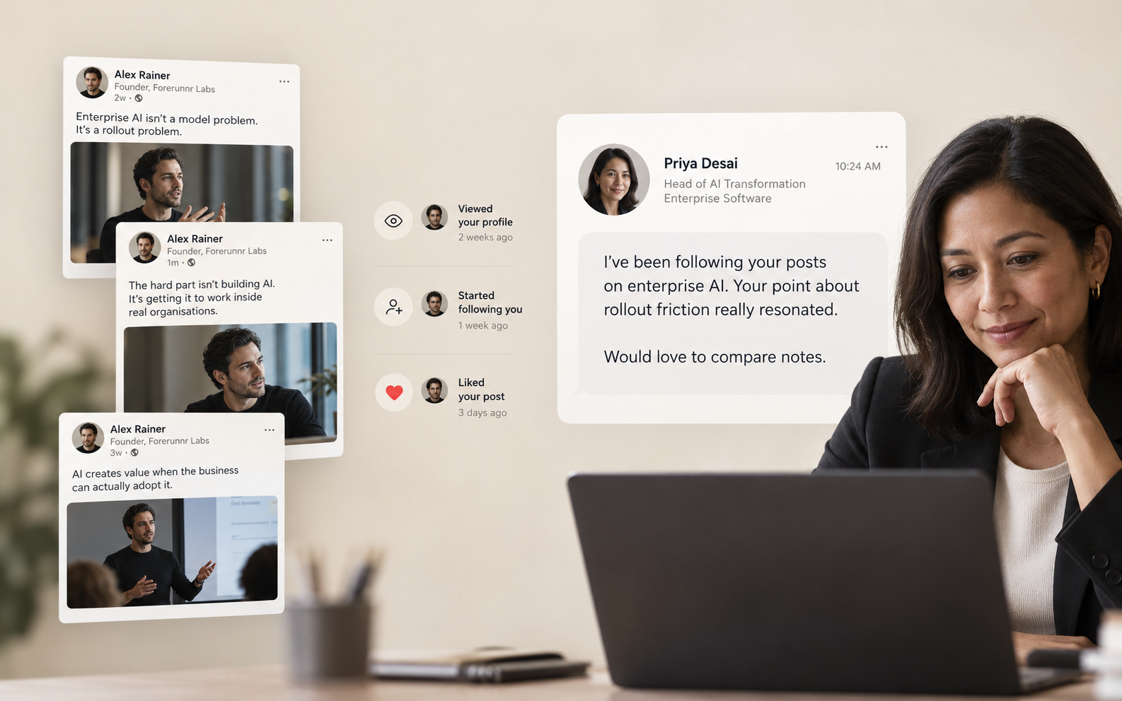 Illustration of repeated founder content leading to a warmer buyer conversation